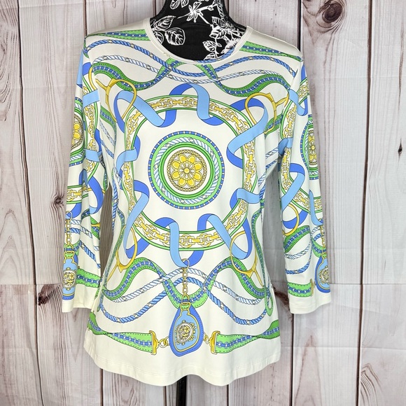 J. McLaughlin Tops - Women’s Cream Long Sleeve Printed Top with Blue & Green Chain Motif